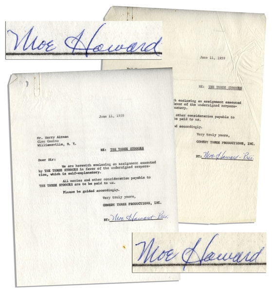 Lot of Two Moe Howard Signed Agreements on Behalf of The Three Stooges to Glen Casino & R-F Theatres, Both Dated June 1959 -- 2pp. Measure 8.5'' x 11'' -- Very Good
